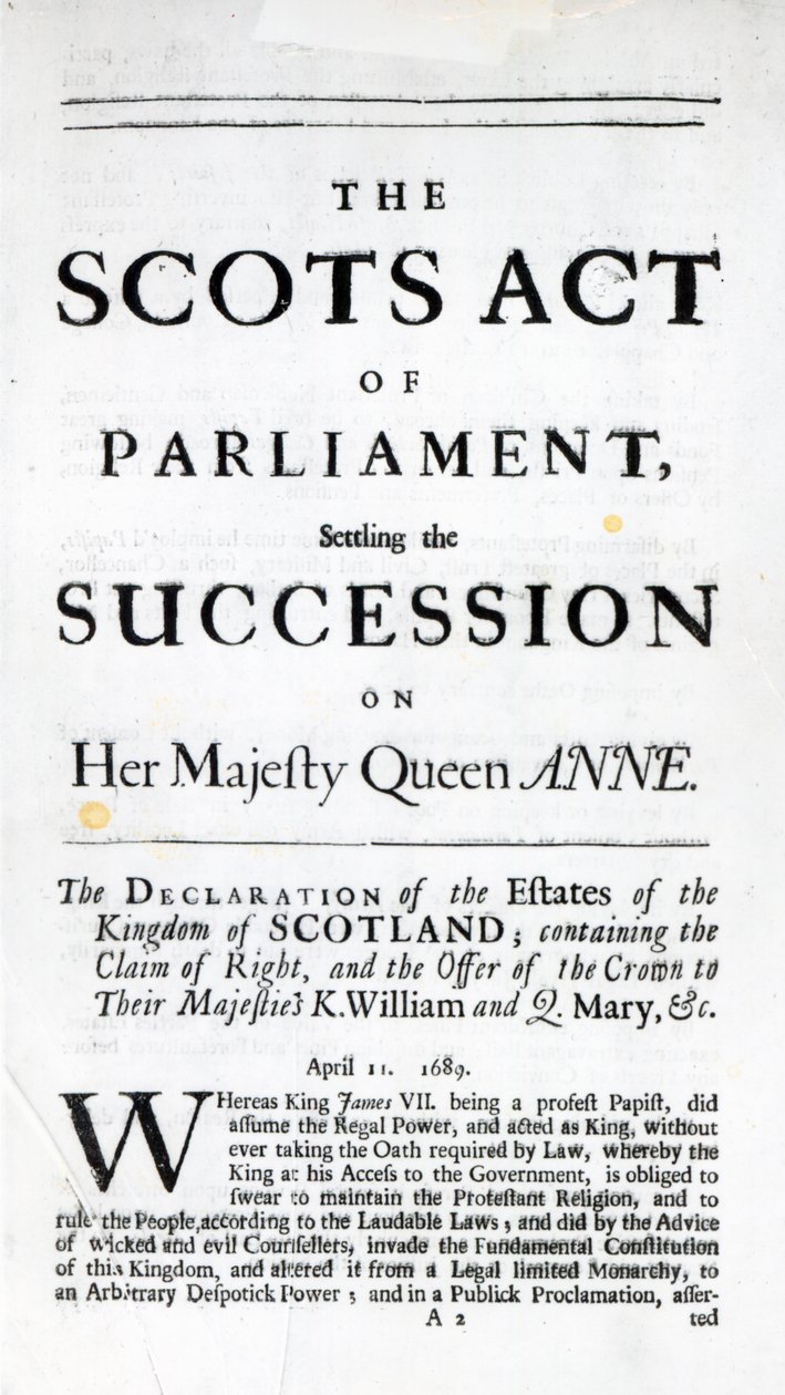 Broschyr som tillkännager "The Scots Act of Parliament, som avgör arvsföljden på Hennes Majestät Drottning Anne" 11 april 1689 av English School