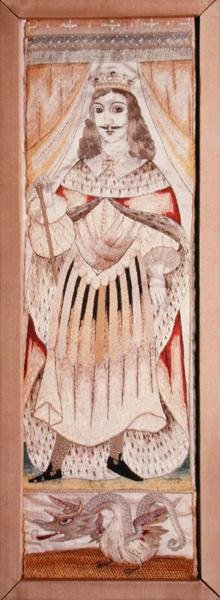 Panel broderad med ett porträtt av Karl II (1630-85) c.1660 (silke på satin) av English School