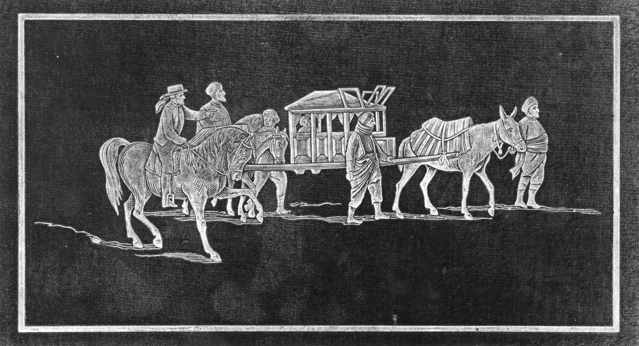 Panel från framsidan av The Thrones and Palaces of Babylon and Nineveh from Sea to Sea: A Thousand Miles on Horseback av John P. Newman, publicerad 1876 av English School