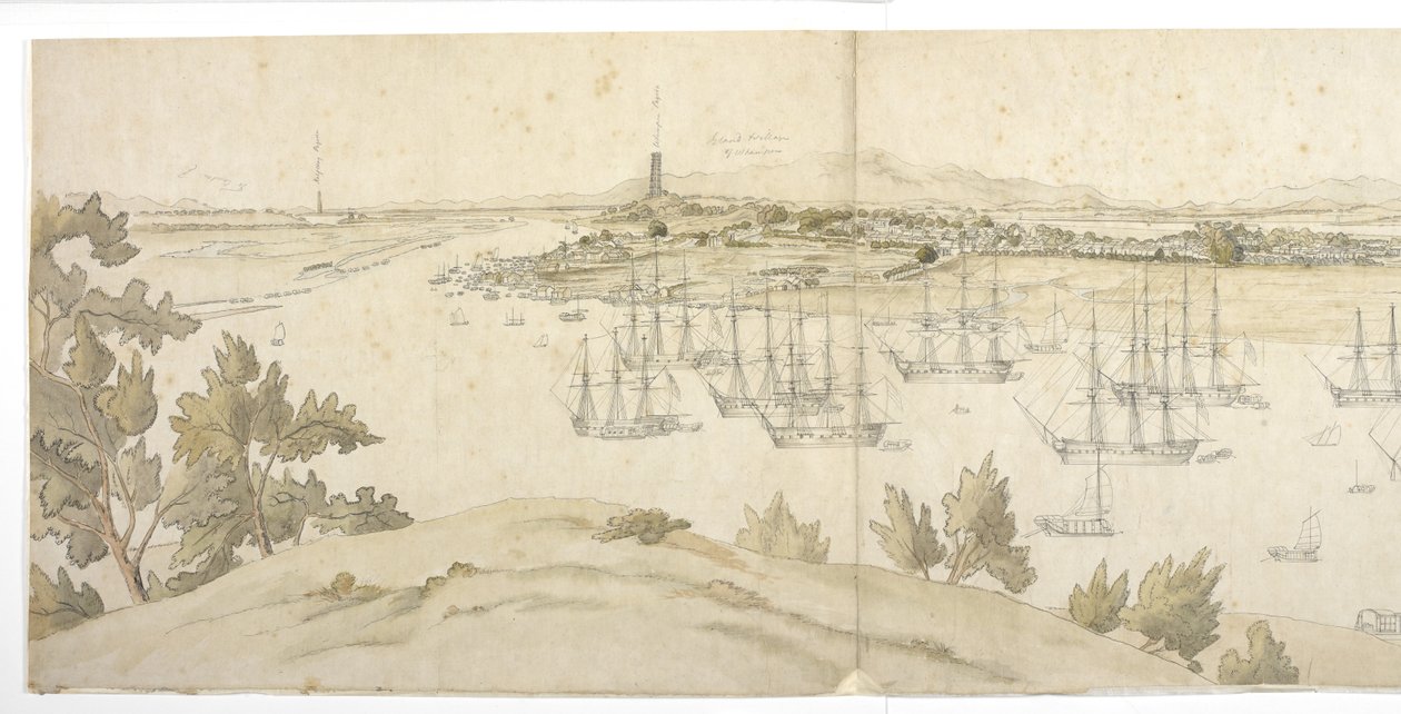 Panorama (vänster halva) av Whampoa från Dane Island, med brittisk och amerikansk sjöfart i ankarplatsen av English School