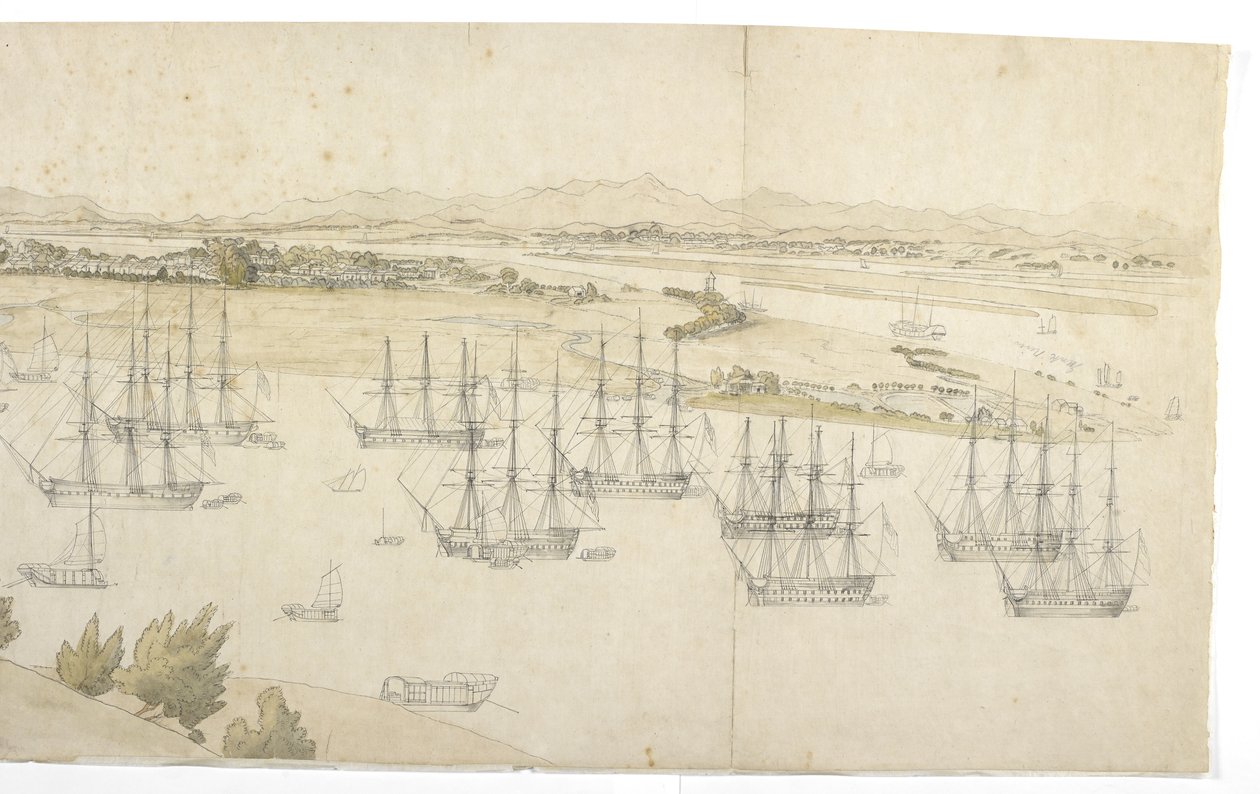 Panorama (högra halvan) av Whampoa från Dane Island, med brittisk och amerikansk sjöfart i ankarplatsen av English School