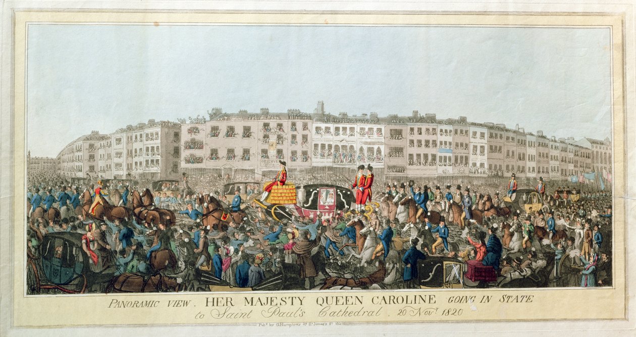 Panoramautsikt. Hennes Majestät Drottning Caroline går i delstaten till St. Pauls Cathedral, 20 november 1820, pub. 1821 (akvatint på papper) av English School
