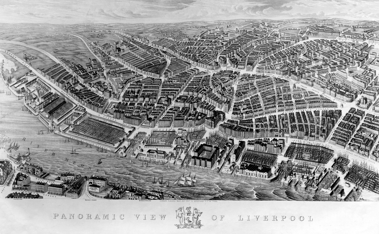 Panoramautsikt över Liverpool, efter en akvarell av Ackerman, 1847 av English School