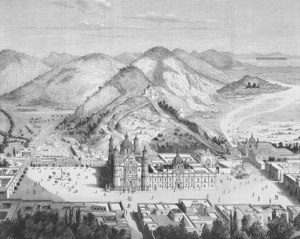 Panoramautsikt över Basilica de Guadalupe, Mexico City 1880-talet (gravyr) av English School