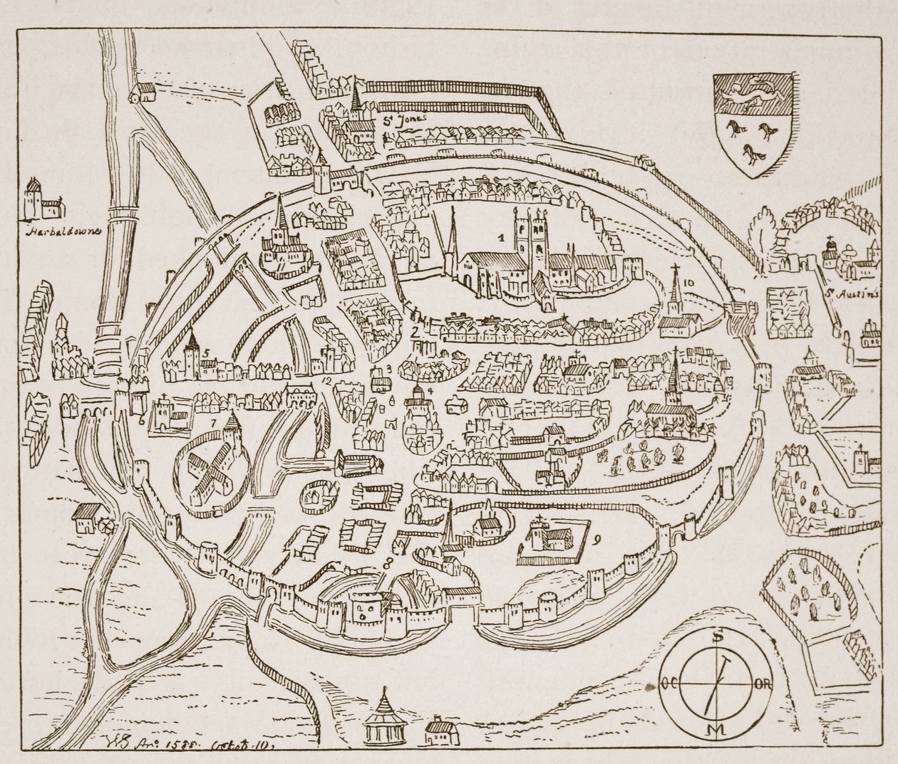 Panoramautsikt över Canterbury på 1500-talet, illustration från The Church of England: A History for the People av H.D.M. Spence-Jones, pub. ca 1910 (sepiafoto) av English School