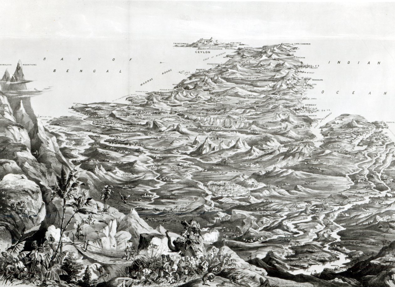 Panoramautsikt över Indien från Himalayabergen, designad av T. Packer, 1857 av English School