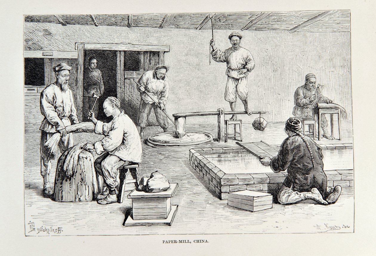 Paper-Mill, Kina, illustration från The Universal Geography, the Earth and its inhabitants av Elisee Reclus, publicerad 1878 av English School
