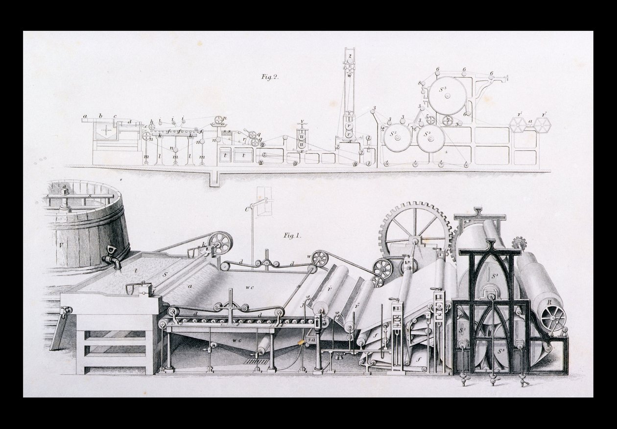 Pappersmaskin från Cyclopaedia of Useful Arts & Manufactures, redigerad av Charles Tomlinson, ca 1880-talet av English School