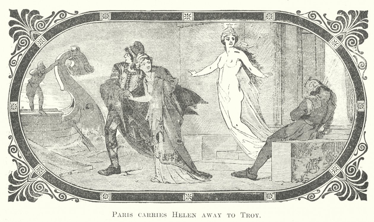 Paris bär bort Helena till Troja (gravyr) av English School