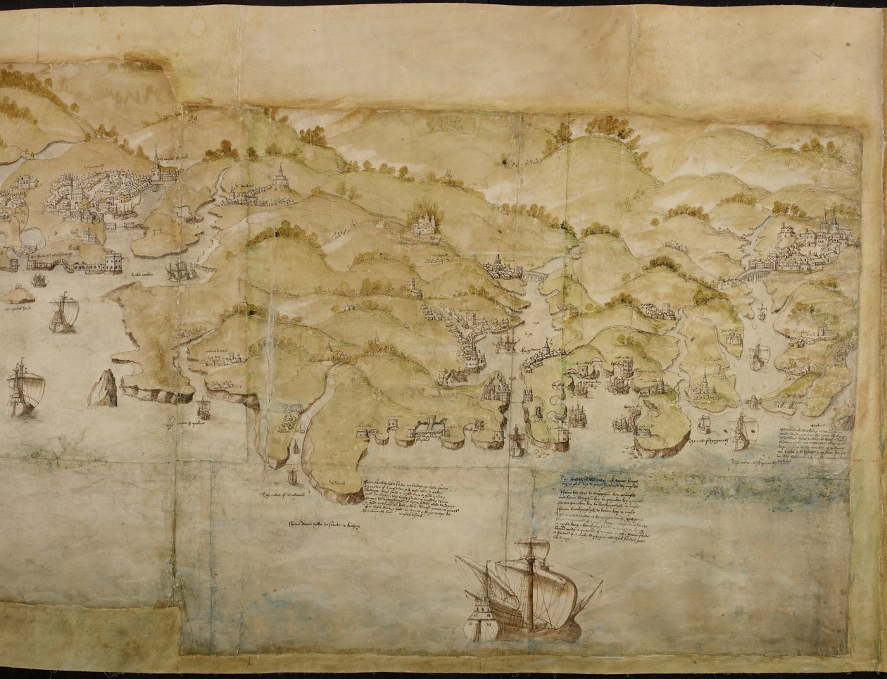 Del av en panoramakarta över kusten från Lands End till Exmouth, ca 1539 (penna och bläck med tvätt på papper) av English School
