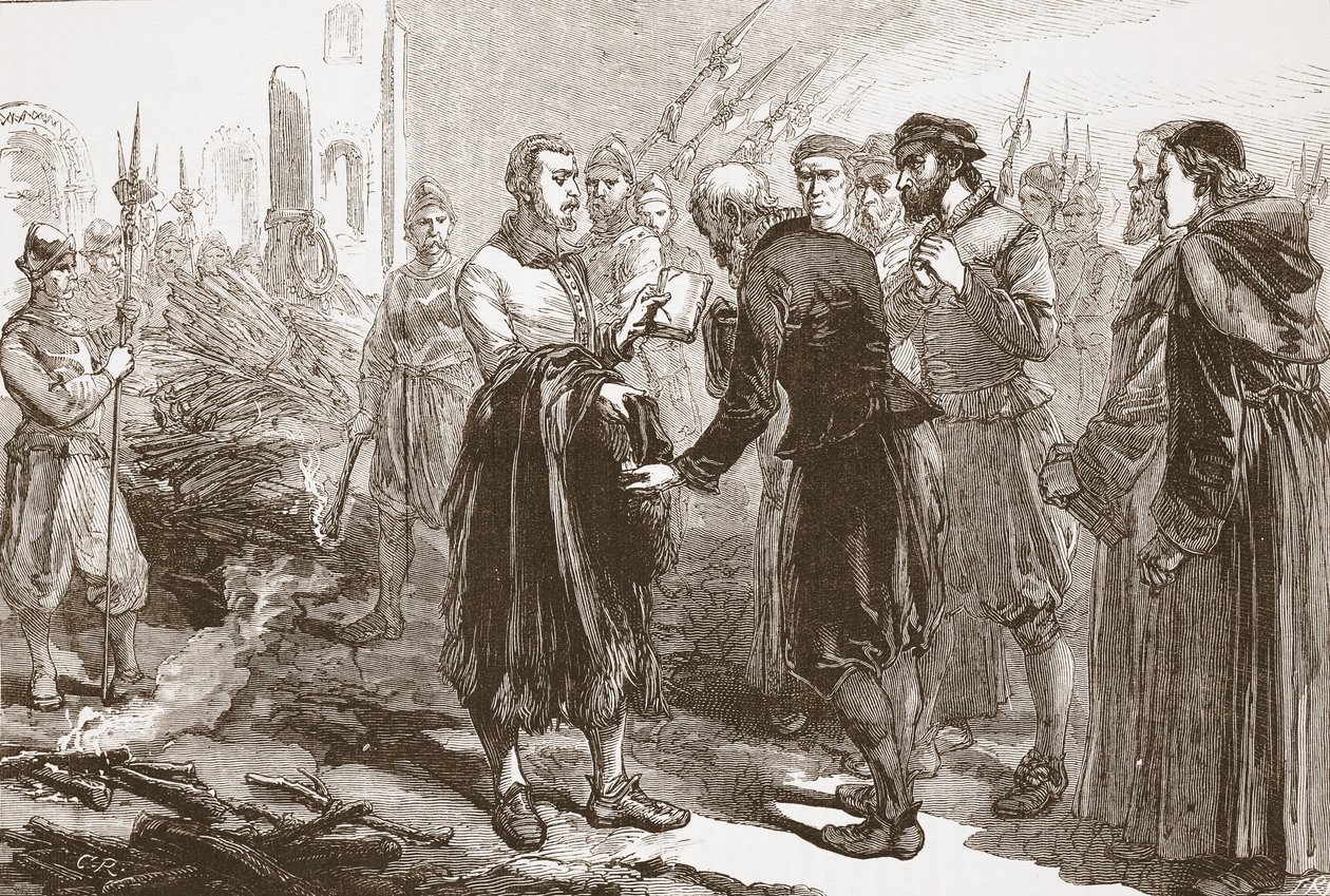 Avsked mellan Patrick Hamilton och hans vänner på bål, illustration från The History of Protestantism av James Aitken Wylie (1808-1890), pub. 1878 av English School