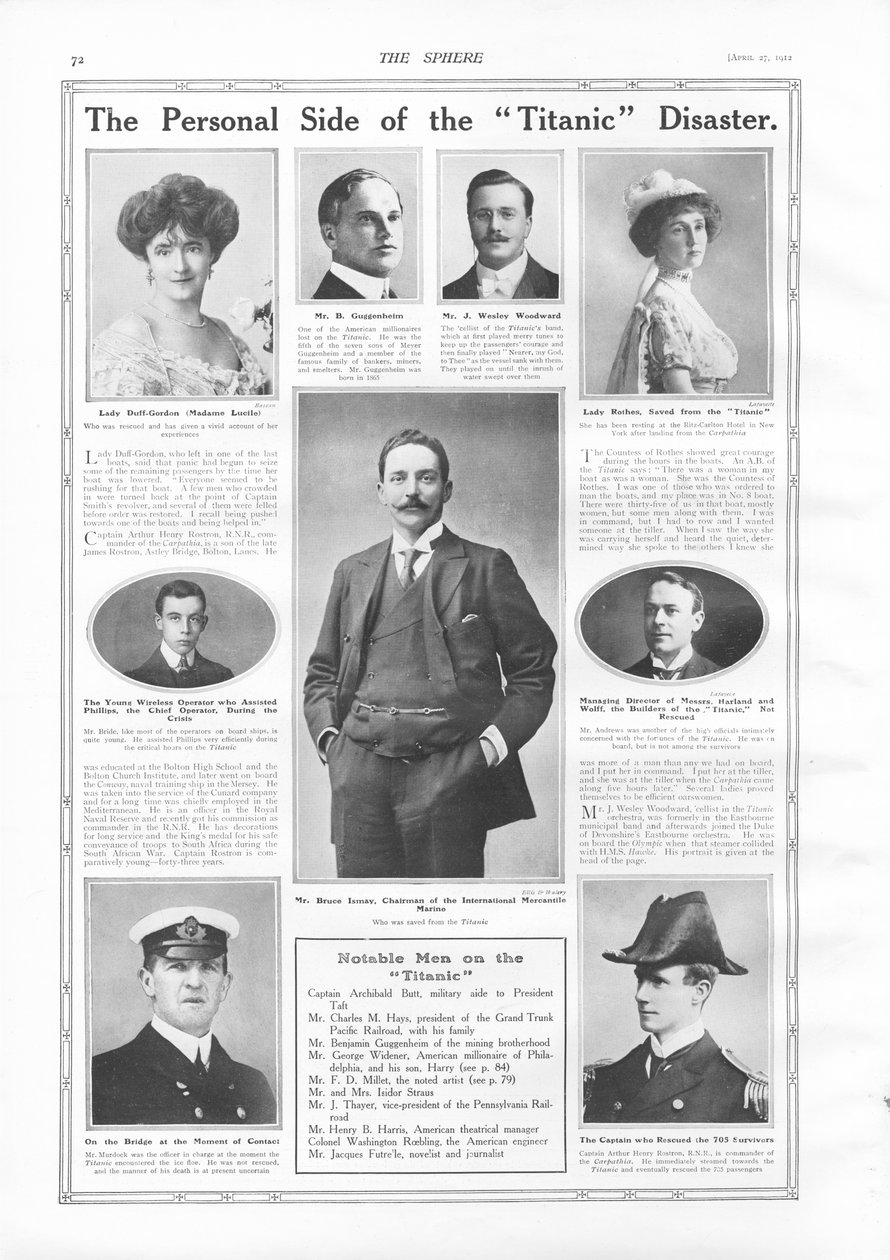 Passagerare på RMS Titanic, fotografier och information om kända personer med anknytning till Titanic, från The Sphere, 27 april 1912 av English School