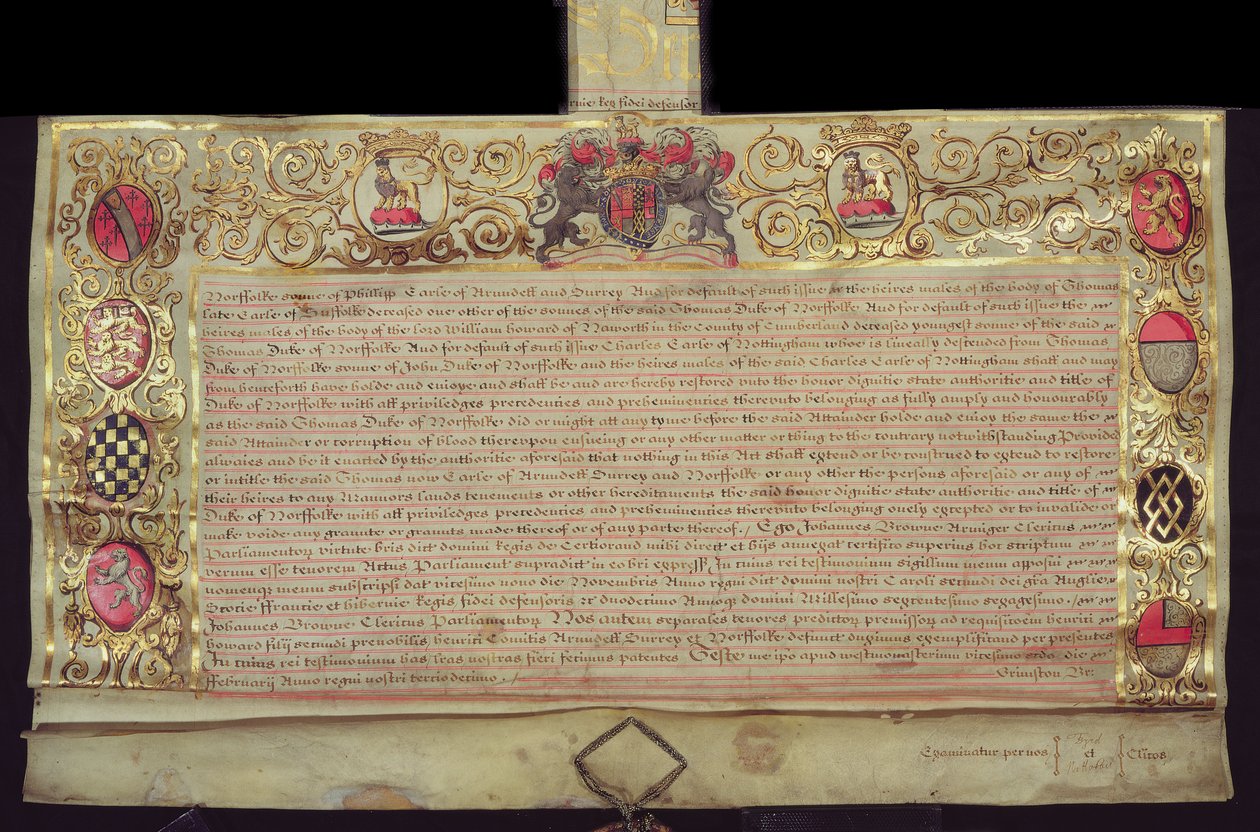 Patent för restaurering av hertigdömet Norfolk, av Charles II, 1660 (bläck & bladguld på veläng) av English School