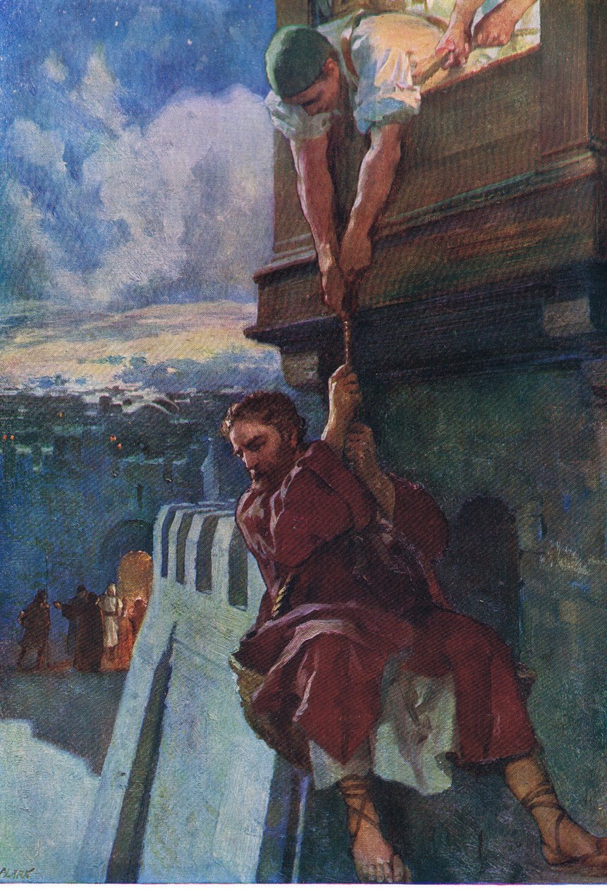 Pauls flykt från Damaskus, från The Bible Picture Book utgiven av Thomas Nelson, c.1950 (färg litho) av English School