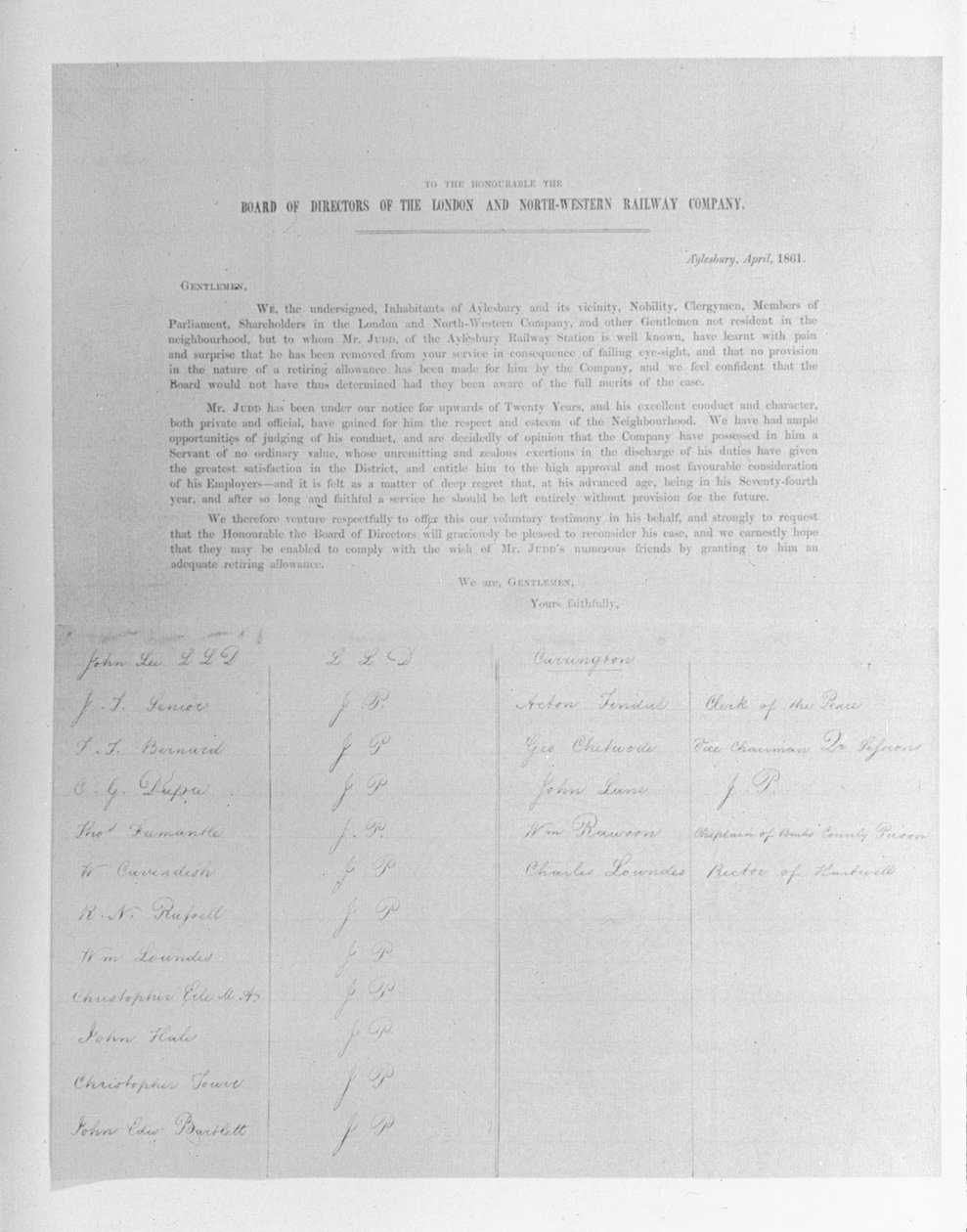 Framställning till direktörerna för London and North-Western Railway Company på uppdrag av en anställd som avskedats på grund av nedsatt syn, 1861 av English School