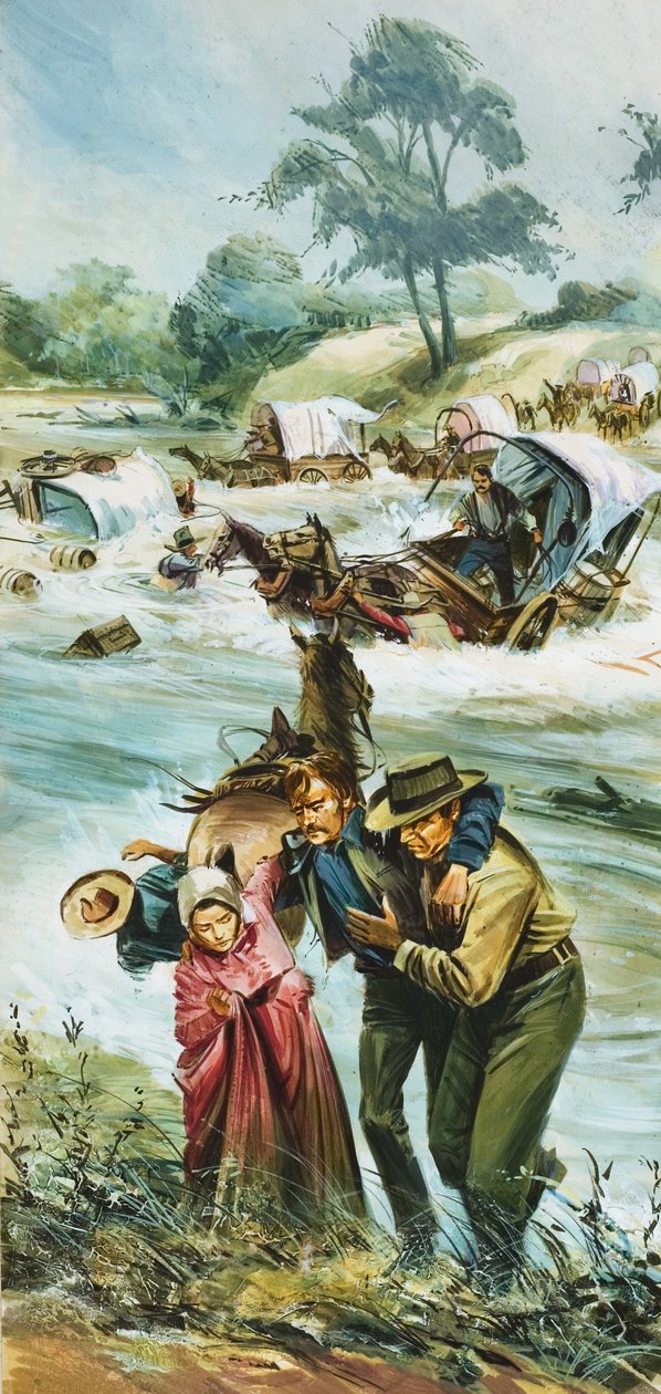 Pionjärer korsar den otämjda Arkansasfloden i början av 1880-talet (gouache på papper) av English School