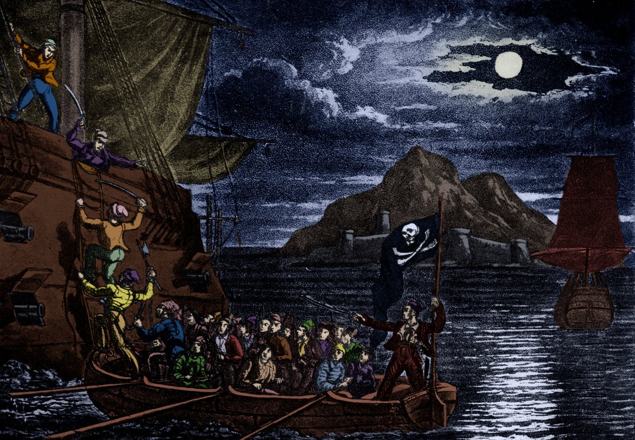 Pirater går ombord på ett spanskt fartyg, Västindien, illustration från "The History and Lives of the Most Notorious Pirates av English School