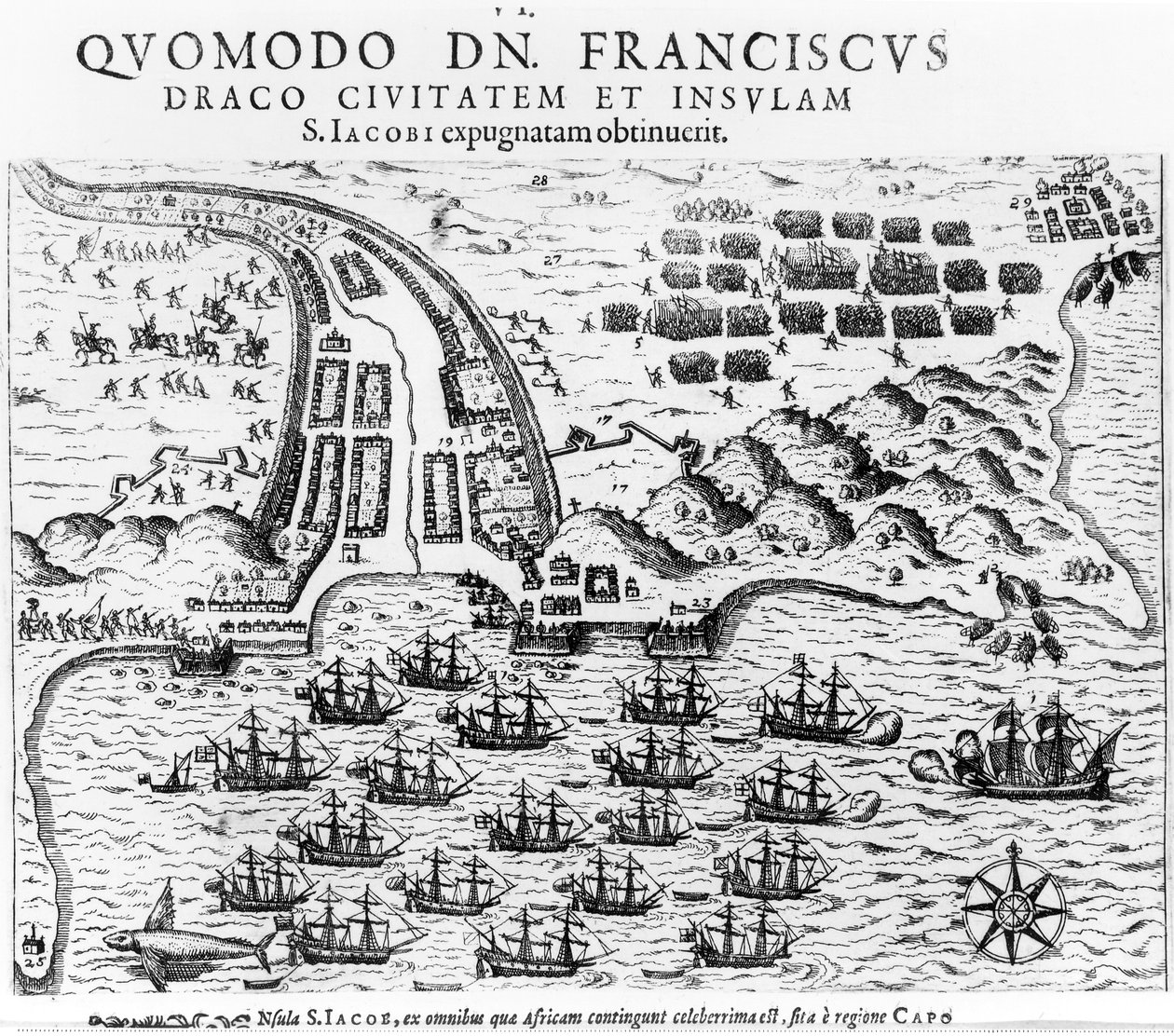 Plan som visar hur Francis Drake (ca 1540-96) stormade och höll ön San Jacob. av English School