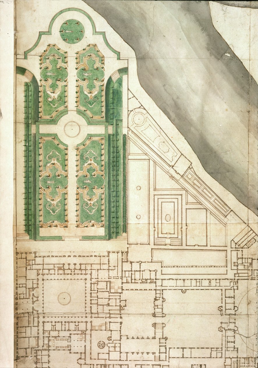 Plan över Hampton Court och dess trädgårdar, c.1714 (penna & bläck och wc på papper) av English School