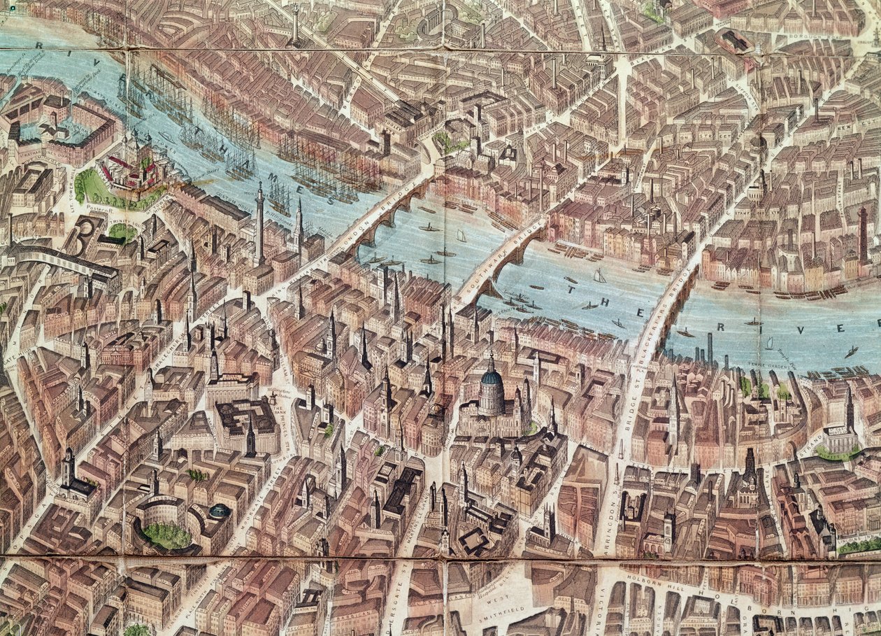 Plan över London med utsikt mot Southwark (handfärgad gravyr) av English School