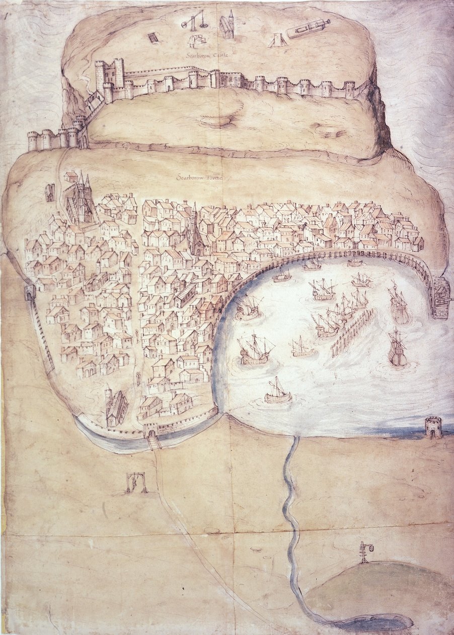 Plan över Scarborough och dess försvar, c.1540 (färg litho) av English School