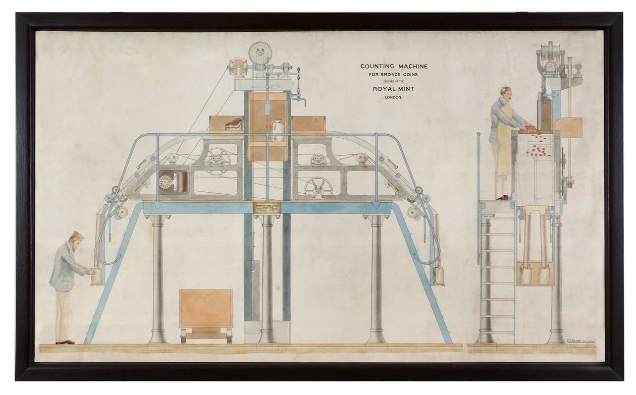 Plan över en automatisk räknemaskin, ca 1895 (handfärgad gravyr) av English School