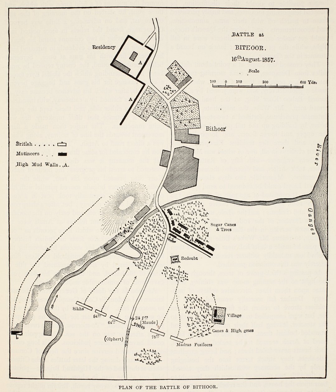Plan för slaget vid Bithoor, 16 augusti 1857, från Cassells Illustrated History of England av English School