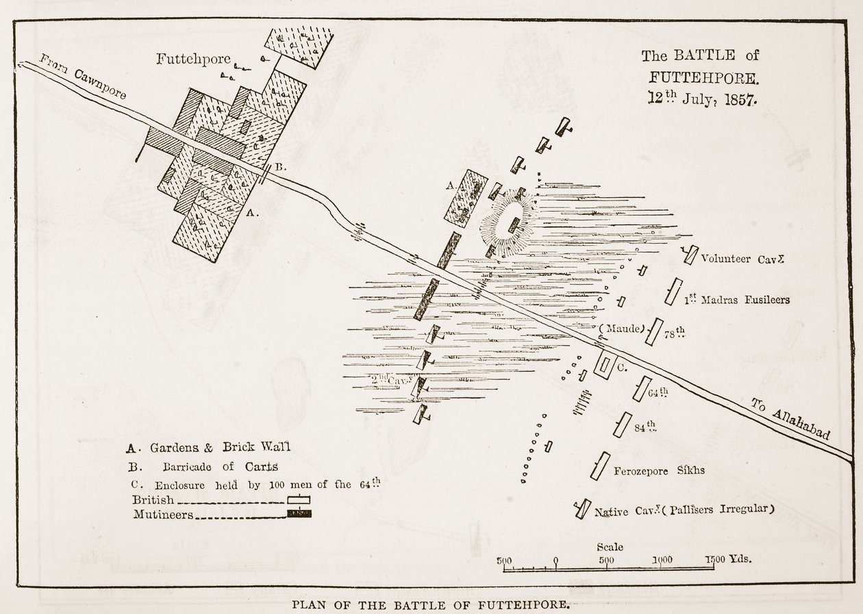 Plan för slaget vid Futtehpore, 12 juli 1857, från Cassells Illustrated History of England av English School
