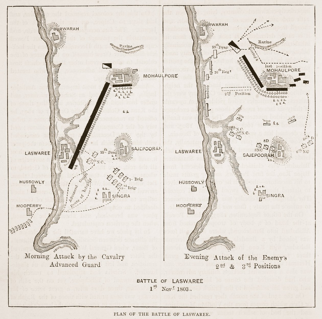 Plan för slaget vid Laswaree, illustration från Cassells Illustrated History of India av James Grant, pub. 1879 av English School