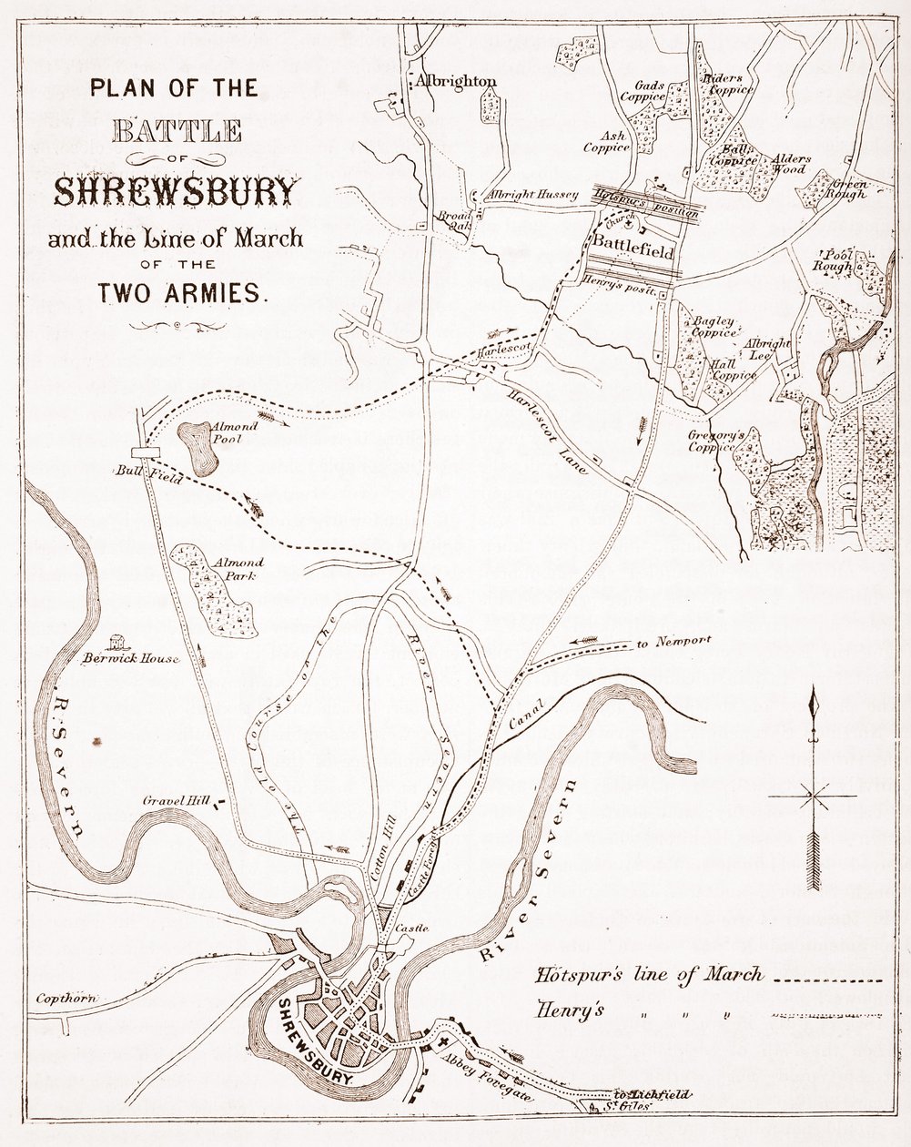 Plan för slaget vid Shrewsbury och de två arméernas marschlinje av English School