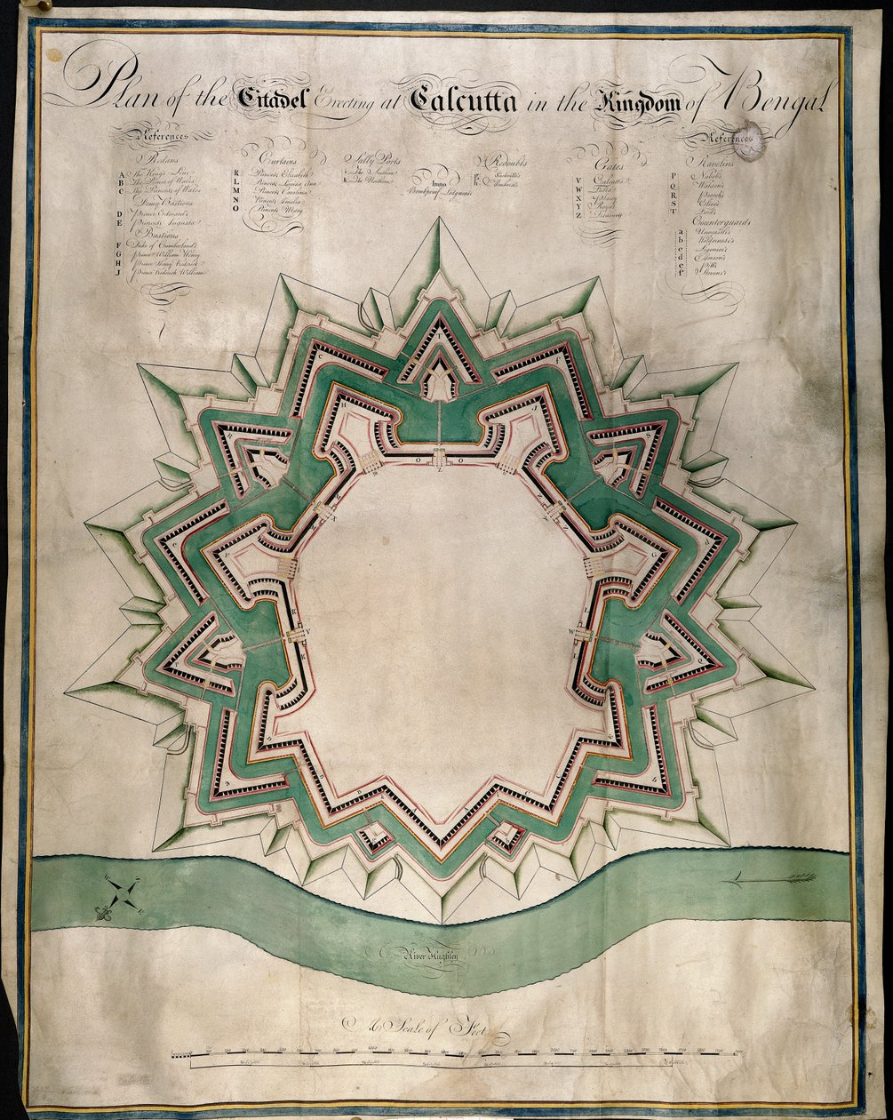 Plan över citadellet i Calcutta och Fort William, Ostindiska kompaniets befästa lager, ca 1750 (penna & bläck & akvarell på papper) av English School