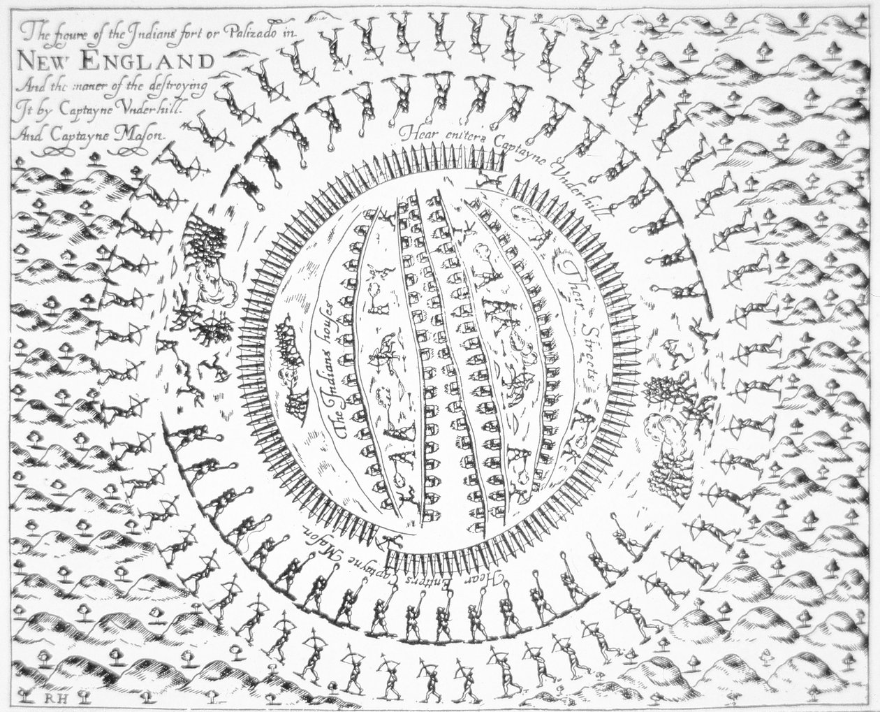 Plan över det indiska fortet Pequot från John Underhills "Newes from America", London av English School