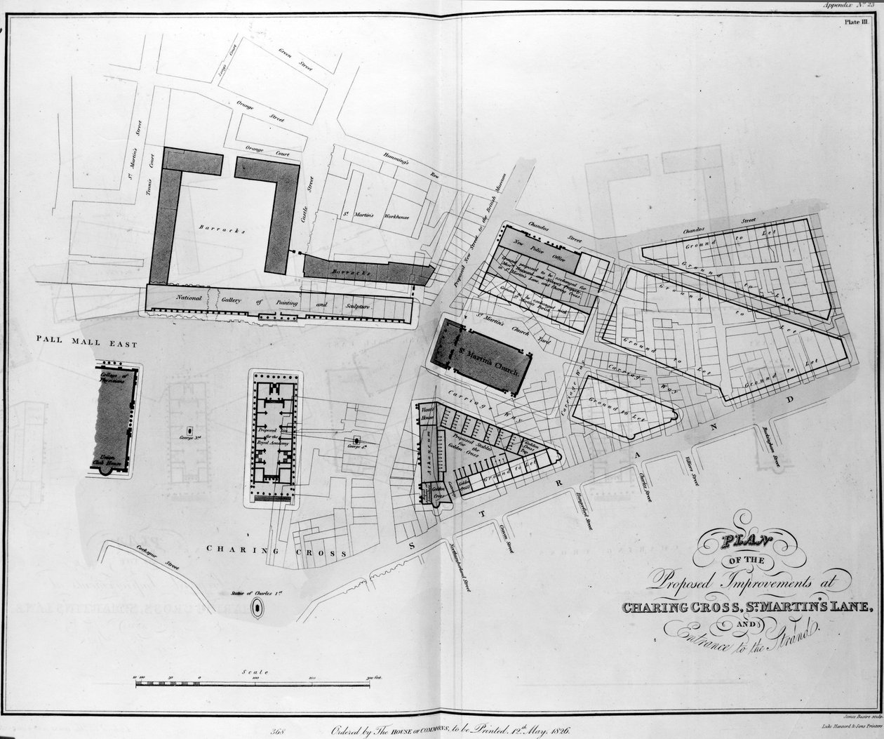 Plan för de föreslagna förbättringarna vid Charing Cross, St. Martins Lane och Entrance to the Strand, graverad av James Basire, 1826 av English School
