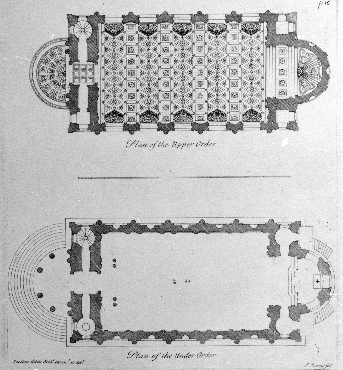 Plan över den övre och nedre orden av St. Marys Le Strand, Westminster, 1720 av English School