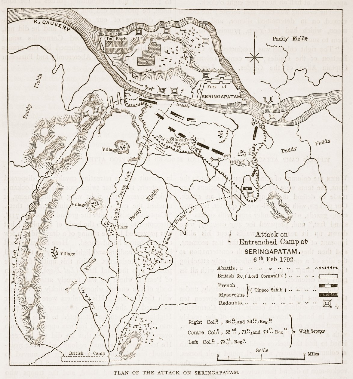 Plan för attacken mot Seringapatam, illustration från Cassells Illustrated History of India av James Grant, pub. 1879 av English School