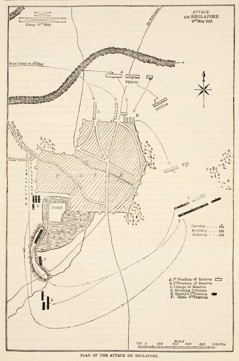 Plan för attacken mot Sholapore, illustration från Cassells Illustrated History of India av James Grant, pub. 1879 av English School