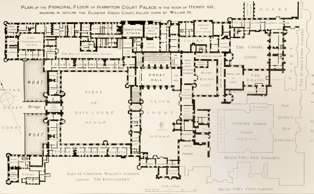 Plan över huvudvåningen i Hampton Court Palace som det var under kung Henry VIII:s regeringstid, från History of Hampton Court Palace i Tudor Times av Ernest Law, publicerad London 1885 av English School