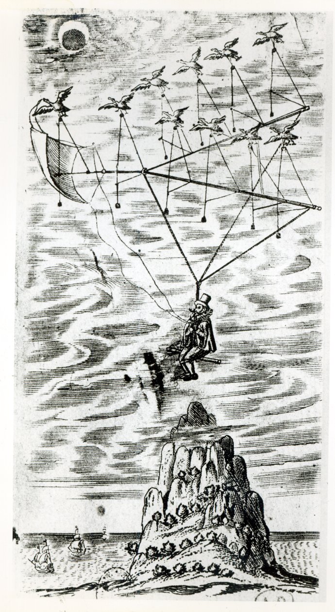 Plane, illustration från frontispicen av The man in the moone eller en diskurs om en resa dit av Domingo Gonsales, the speedy Messenger av Francis Godwin (1562-1633), publicerad postumt i av English School