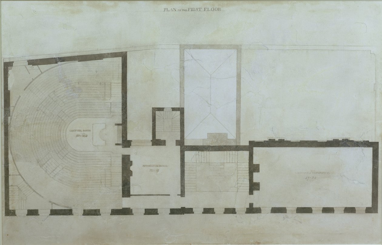 Ritningar av första våningen på Albemarle Street 21 efter de första ändringarna av huset efter förvärvet av Royal Institution, ca 1800 (penna och wc på papper) av English School