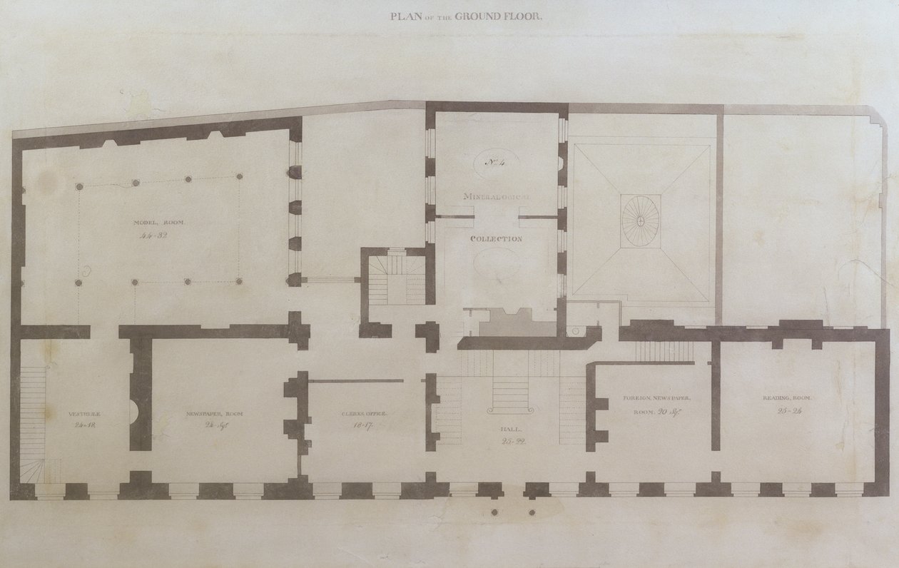 Ritningar av bottenvåningen på Albemarle Street 21 efter de första ändringarna av huset efter förvärvet av Royal Institution, ca 1800 (penna och wc på papper) av English School