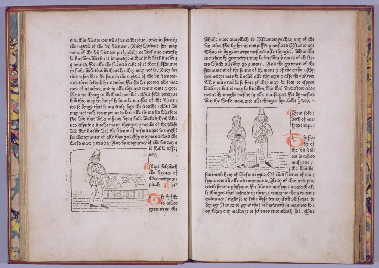 Plåt C5v-C6r, från "Hier begynneth the book callid the myrrour of the worlde" av William Caxton, 1481 (träsnitt och boktryck) av English School