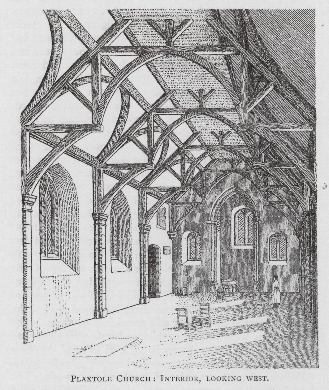 Plaxtole kyrka, interiör, mot väster (litografi) av English School