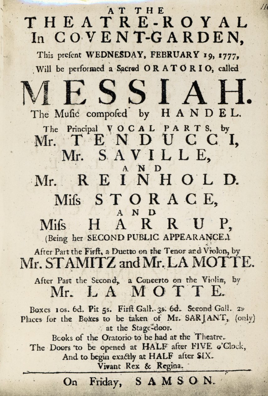 Playbill som annonserar en föreställning av Händels oratorium, 