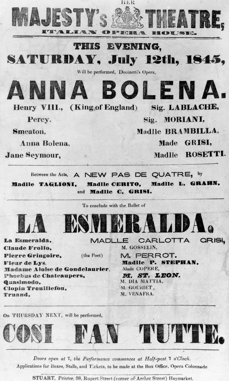 Spelbiljett för Hennes Majestäts teater, Italienska operan, 1845 (tryckt papper) av English School