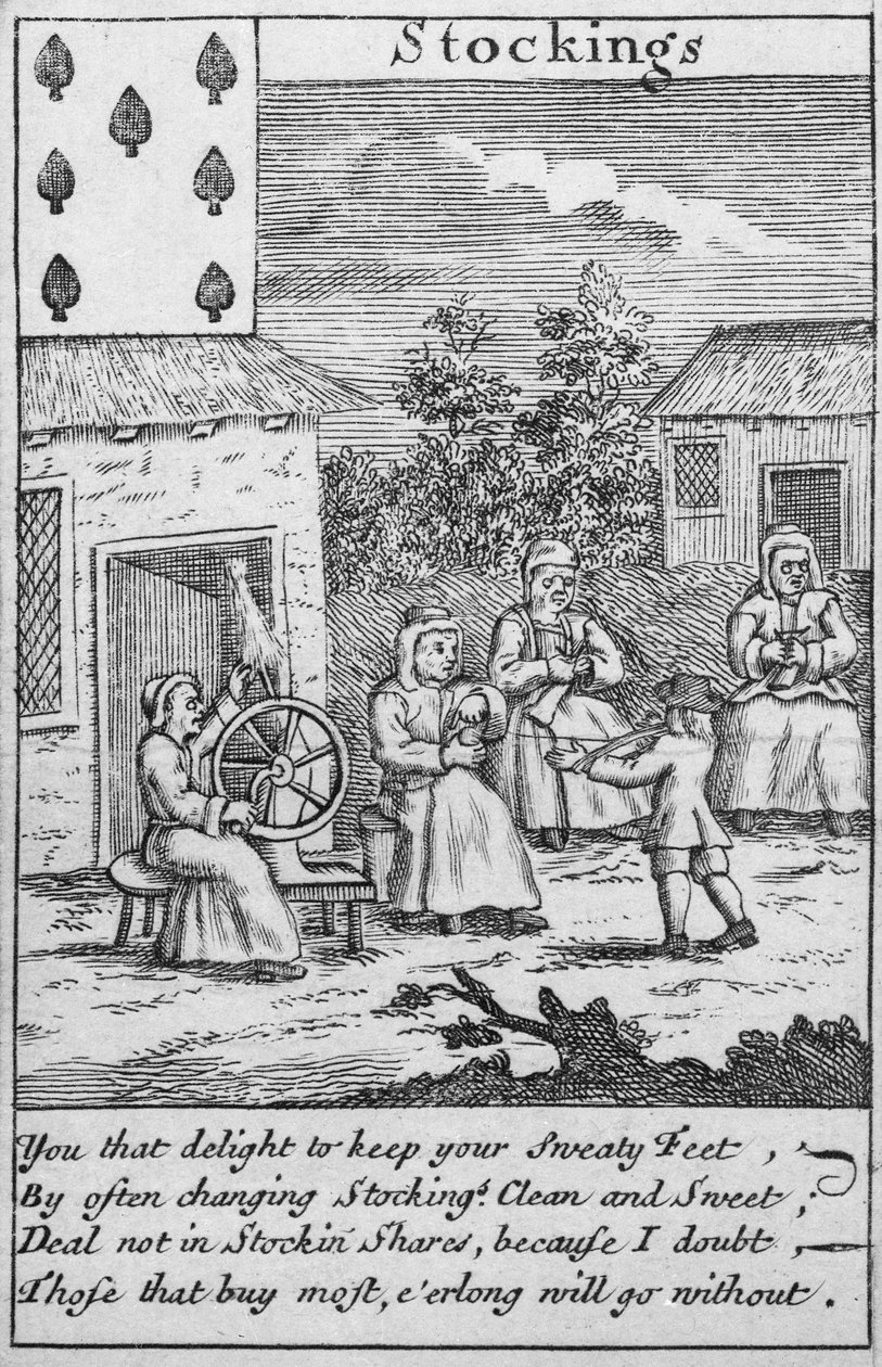 Spelkort som visar arbetare som gör strumpor (tryck) (detalj av 392627) av English School