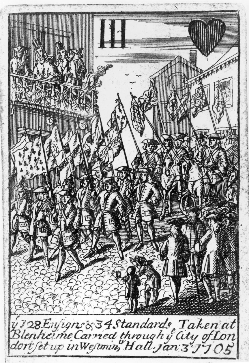 Spelkort som visar fänrikarna och standarderna tagna i Blenheim, bärs genom City of London, 3 januari 1705 av English School