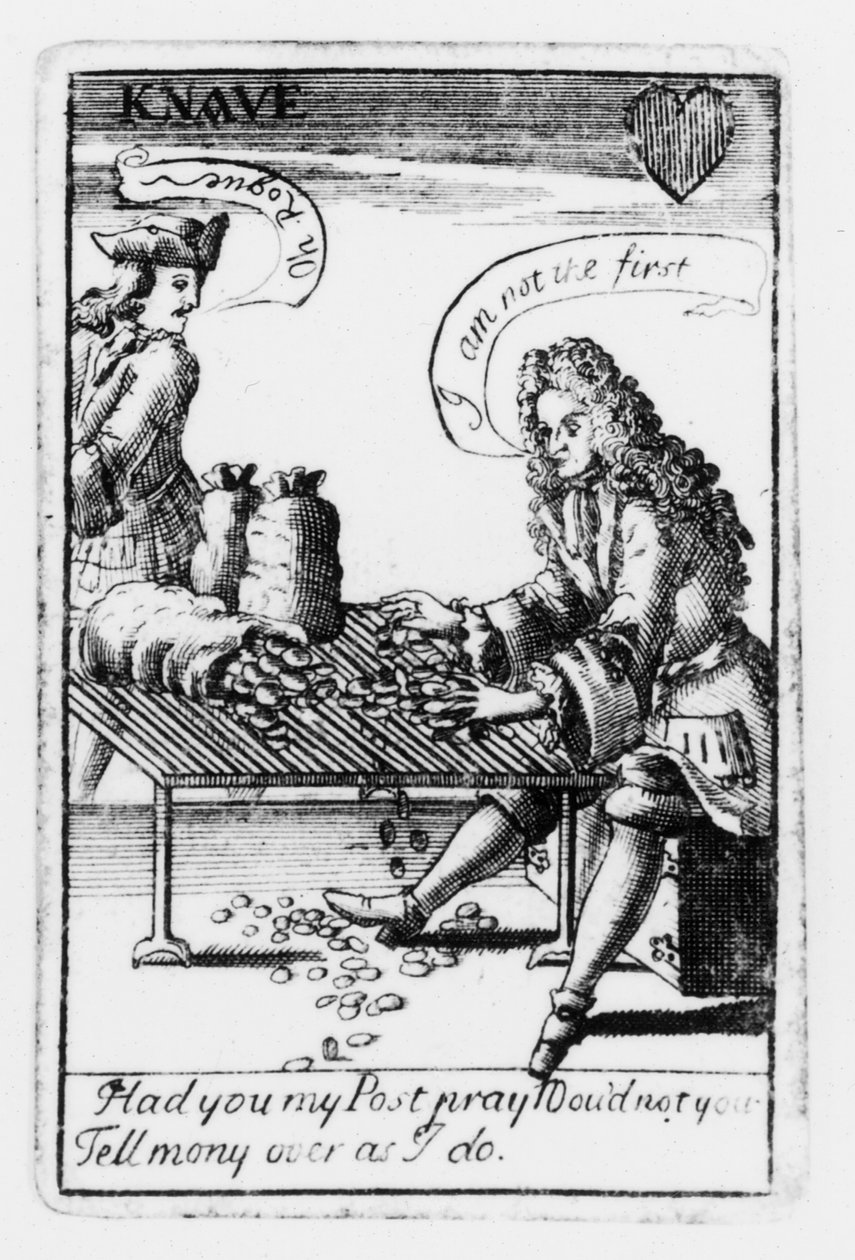 Spelkort till minne av det spanska tronföljdskriget, hjärtdräkt, c.1707 (gravyr) (svartvitt foto) (detalj av 115651) av English School