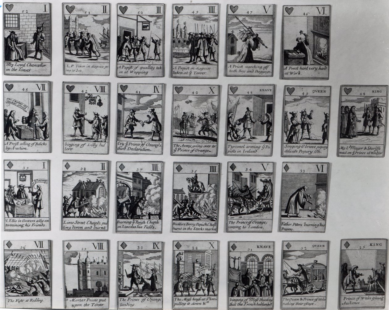 Spelkort som skildrar episoder från den härliga revolutionen 1688-89, ca 1689 av English School