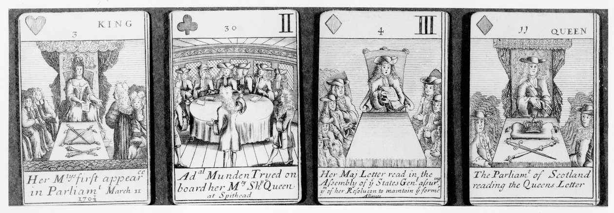 Spelkort som skildrar händelser tidigt under drottning Annes regeringstid, från en uppsättning till minne av det spanska tronföljdskriget (1702-13) av English School
