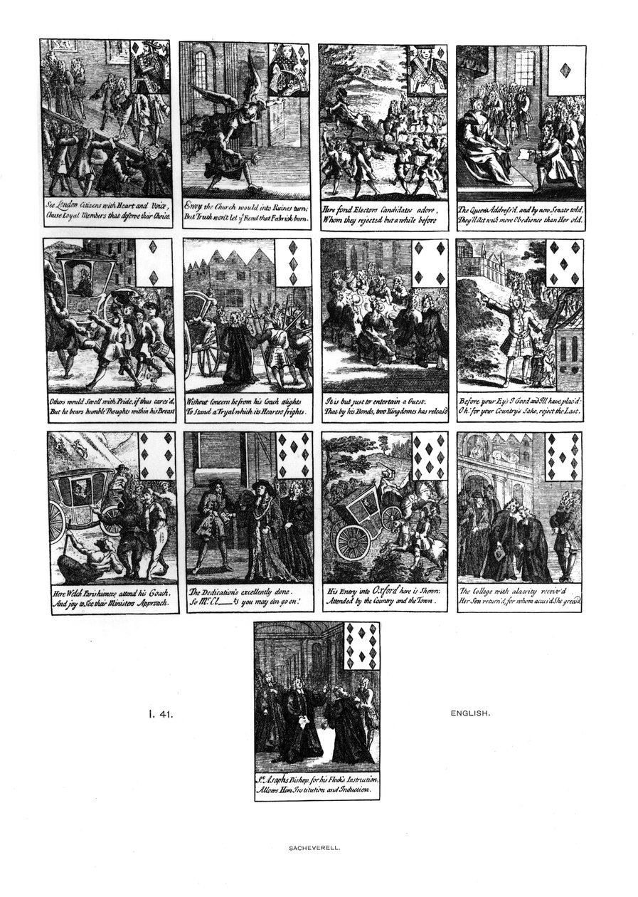 Spelkort som skildrar riksrättsförklaringen av Henry Sacheverell (ca 1674-1724) 1710, diamantfärg av English School